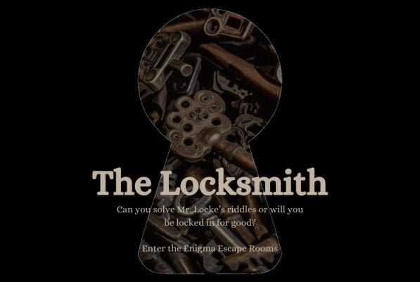 Locksmith-themed graphic featuring a keyhole surrounded by various keys, with text inviting participants to solve Mr. Locke's riddles at Enter The Enigma Escape Rooms.